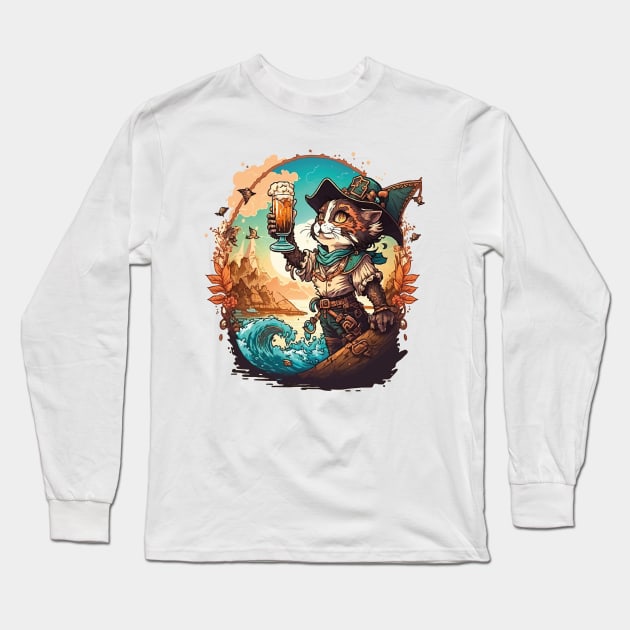 Get Ready to Sail the High Seas with Pirate Cat Long Sleeve T-Shirt by kanisky